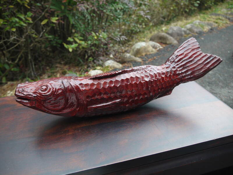 【TS40121】木彫り 鯉 こい コイ 木製 置物 インテリア 44cm 時代