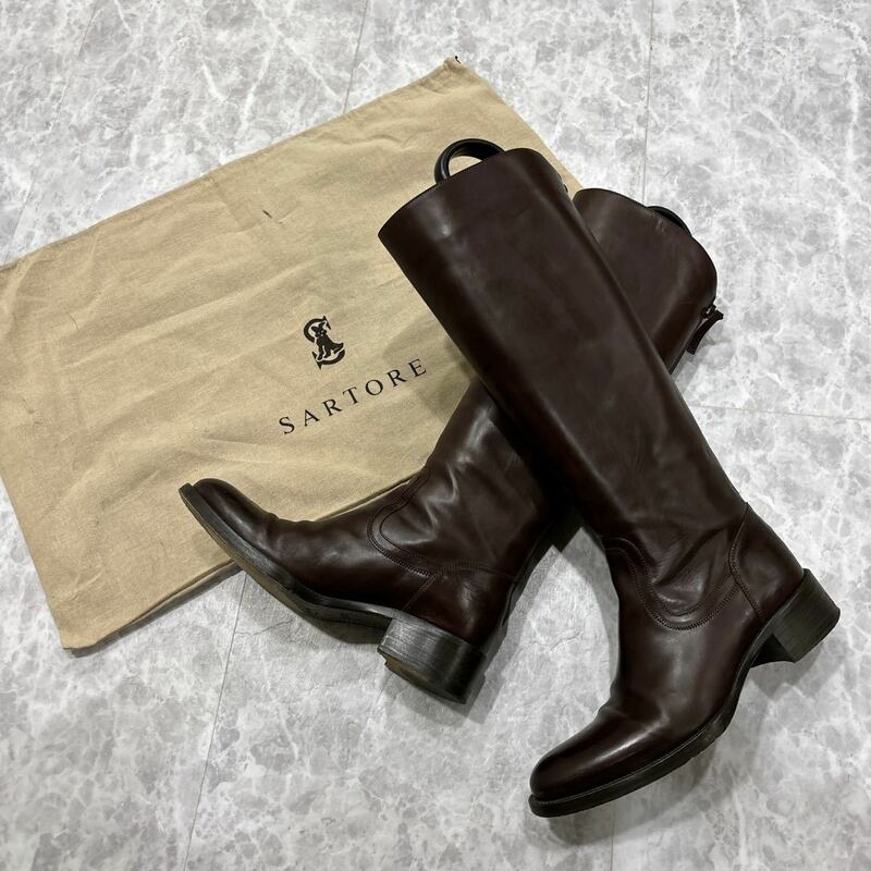 W ＊ 保存袋付き イタリア製 '高級感溢れる' SARTORE サルトル 本革 ロング ブーツ 革靴 EU37 23.5cm レディース 婦人靴 シューズ BROWN