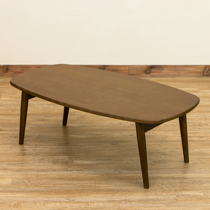 折りたたみテーブル 90cm幅 木製 木目柄 センターテーブル 折れ脚 楕円 北欧風 VTM-01 ダークブラウン(DBR)