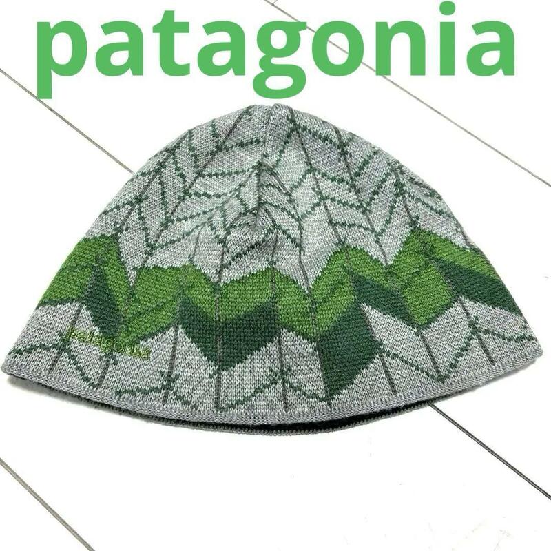 良品 patagonia パタゴニア ビーニー キャップ ニット帽 28837F6 グレー ×グリーン 帽子