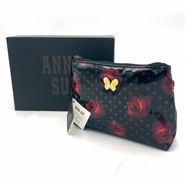 未使用☆ANNA SUI/アナスイ ミラー付きポーチ 薔薇柄 蝶々 メイク用品 レース 小物入れ バッグインバッグ