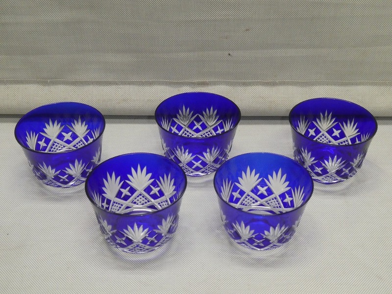●青被せ 切子グラス 冷茶グラス 5客セット コップ 藍色 カットガラス ガラス工芸 食器 来客用●