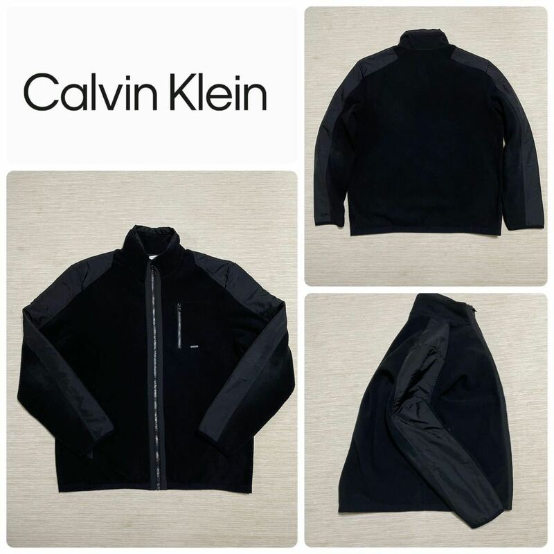 Calvin Klein フリース ナイロン 切替 ハイブリッド ロゴ ジップアップ ジャケット L black 黒