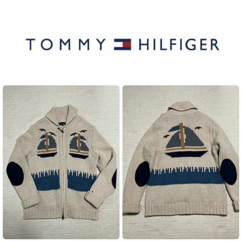 TOMMY HILFIGER 肉厚 ウール ヨット柄 ロゴ ジップアップ カウチン ニット セーター XL