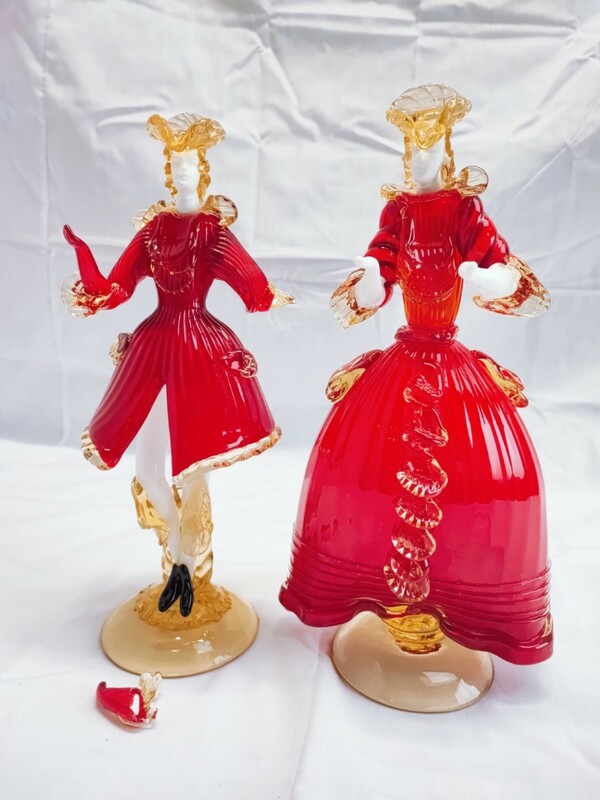 ベネチアンガラス ガラス人形 2点セット 不備あり アンティーク 人形 フィギュリン オブジェ 置物 MURANO ムラノ 当時物 コレクション(0125