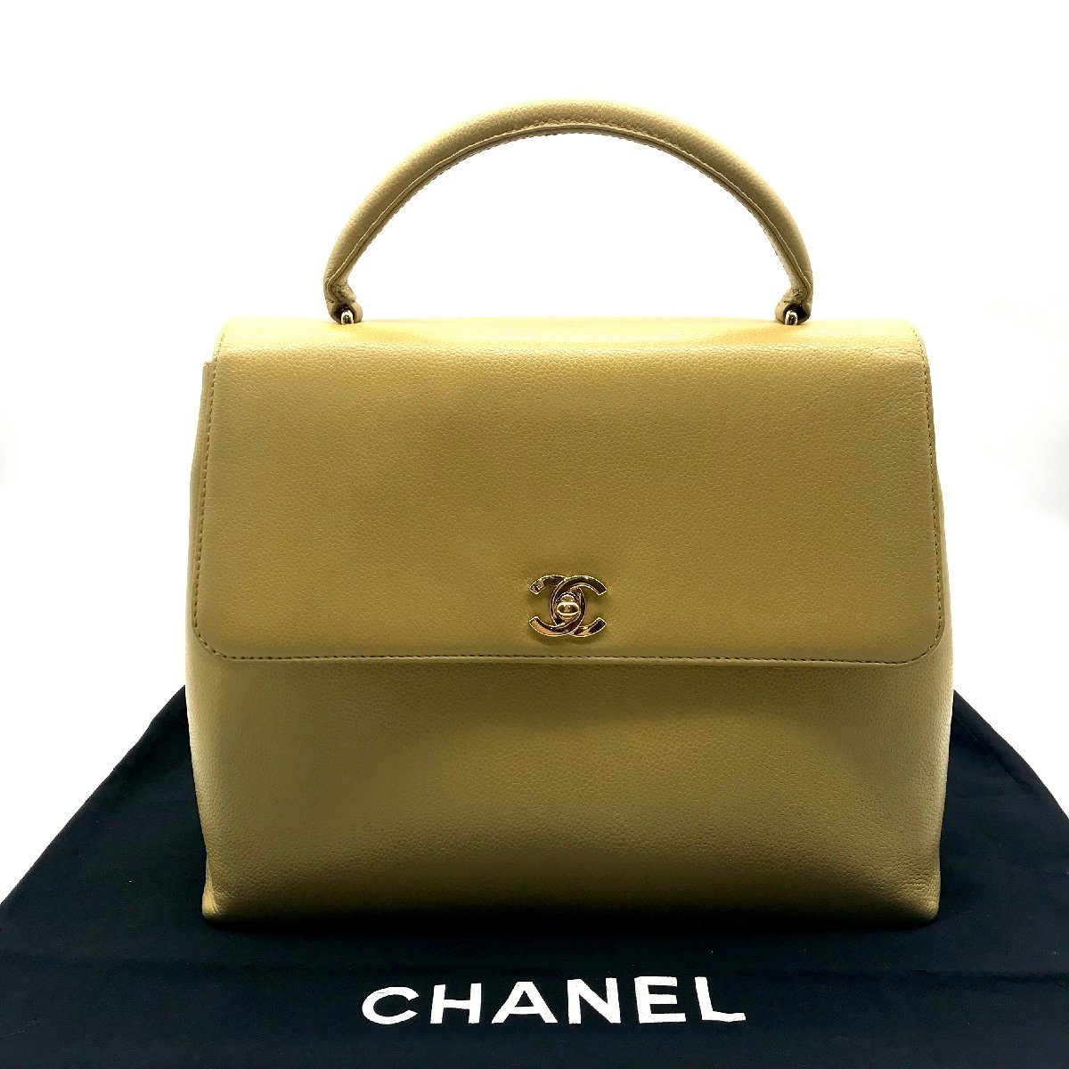 CHANEL シャネル キャビアスキン ココマーク ハンド バッグ 黄色系 レザー 良品 ｍ11878