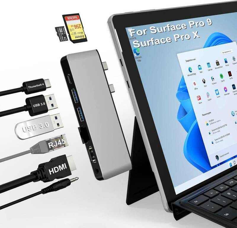 送料無料★Surface Pro 9 USB ハブ 4K HDMI、USB-C Thunderbolt 4 (8K@30Hz ディスプレイ+40Gデータ+100W充電)、100M LAN、2xUSB3.