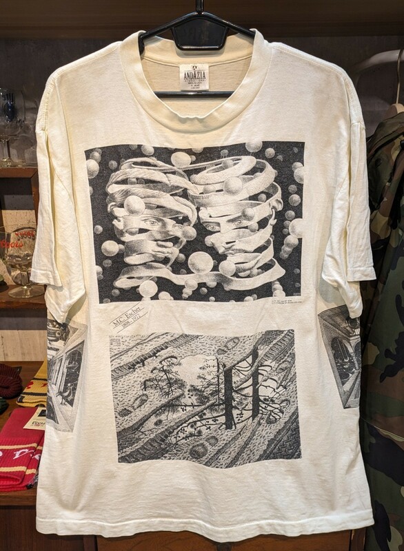 柄が多い1枚！エッシャー MC ESCHER マルチ Tシャツ XL ビンテージ VINTAGE オールド USA製 90s だまし絵 当時物 C1991 レア ANDAZIA