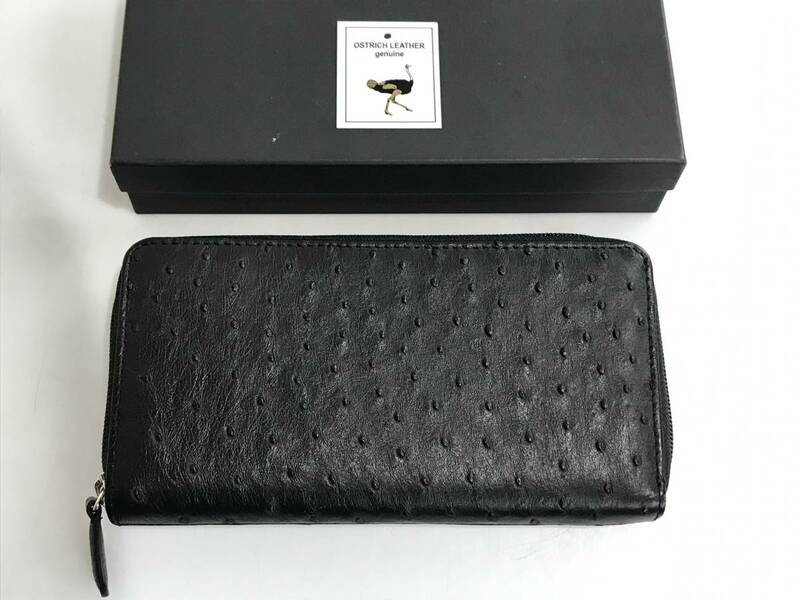 HG5828　長財布 オーストリッチ ラウンドファスナータイプ BLACK ダチョウ革 レザー 小銭入れ 専用袋・箱付き 未使用品