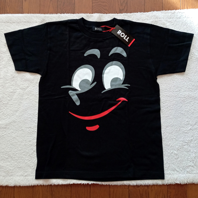 【rots1】新品　ROLL　ロール　半袖Tシャツ　ブラック　黒　プリント　Lサイズ　コットン100％　丸首　SMILE/スマイル/スマイリー