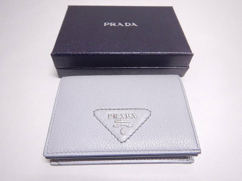 新品同様■PRADA プラダ 財布 2つ折り財布 コンパクトウォレット 札入れレザー グレー■
