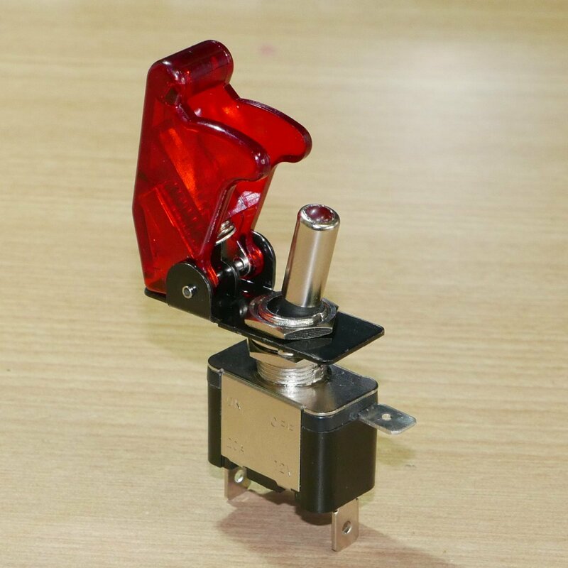 ガードカバー(透明赤)付属 先端赤色LEDトグルスイッチ ON-OFF ネジ径12mm 平端子 (フリップアップカバー ミサイルスイッチ)