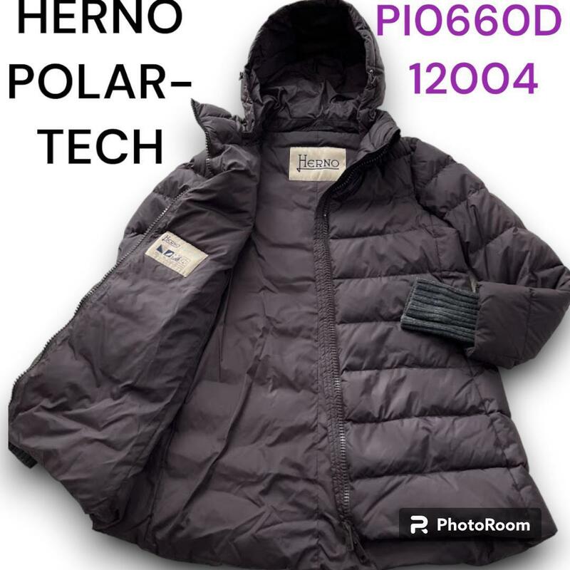 ヘルノ HERNO POLAR-TECH ダウンコート PI0660D 12004 XL ロング丈 ロングコート Aライン グレー 羽織り フード ジップ ニット切り替え