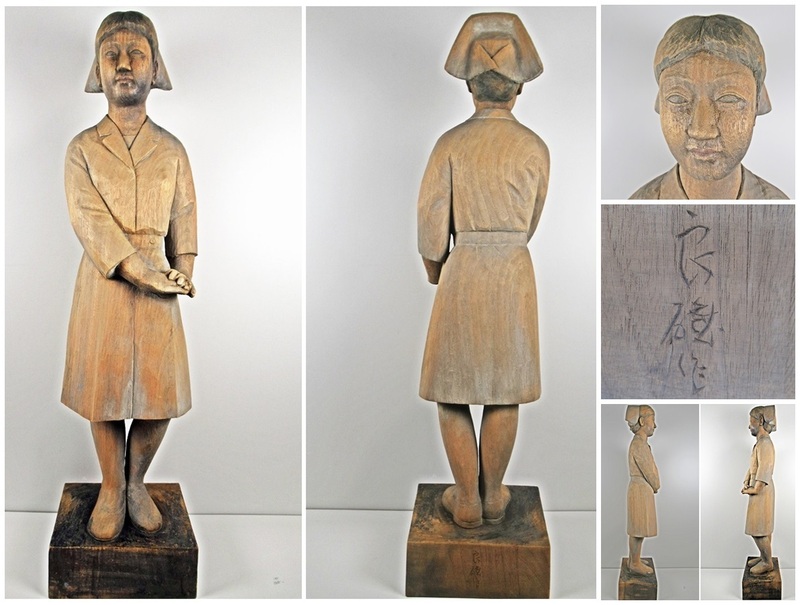 ◆[A138]木彫　看護師　オブジェ　在銘有り　高さ/約94cm　独自の世界を生み出す作品　木製彫刻　女性の彫刻　置物