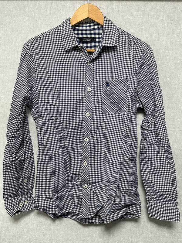 バーバリーブラックレーベル ブルーギンガムチェック ホースマーク刺繍 サイズ2 メンズ ワイシャツ カジュアルシャツ