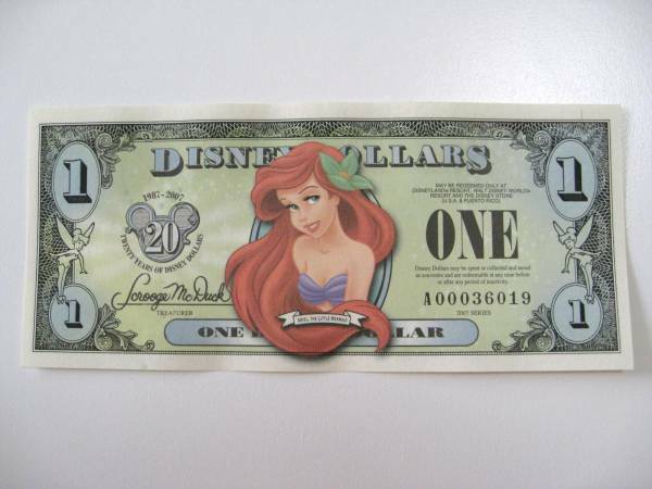 ディズニーダラー　1ドル札 （2007年版） $1 紙幣　アリエル Disney Dollars