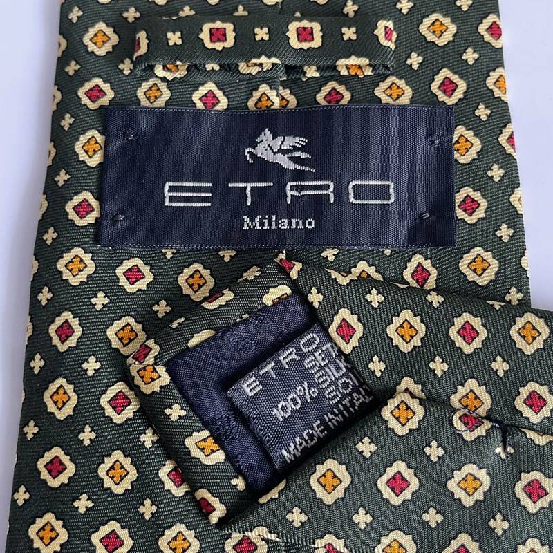 エトロ（ETRO） 緑赤オレンジ四角バツネクタイ