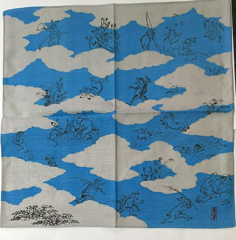 M56-101　綿 チーフ風呂敷 「雲取り・鳥獣戯画/ブルー」48cm