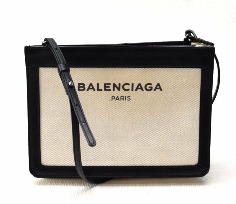 美品 BALENCIAGA バレンシアガ 【ネイビーポシェット キャンバス×レザー ショルダーバッグ 390641】ベージュ×ブラック