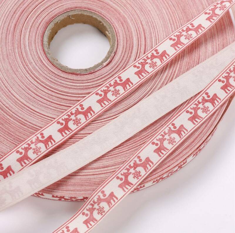 クリスマス風　綿テープ　スタンプ　タグ　リボン　幅1.5cx10m巻 　 DIY　手芸材料　生成りNo.1