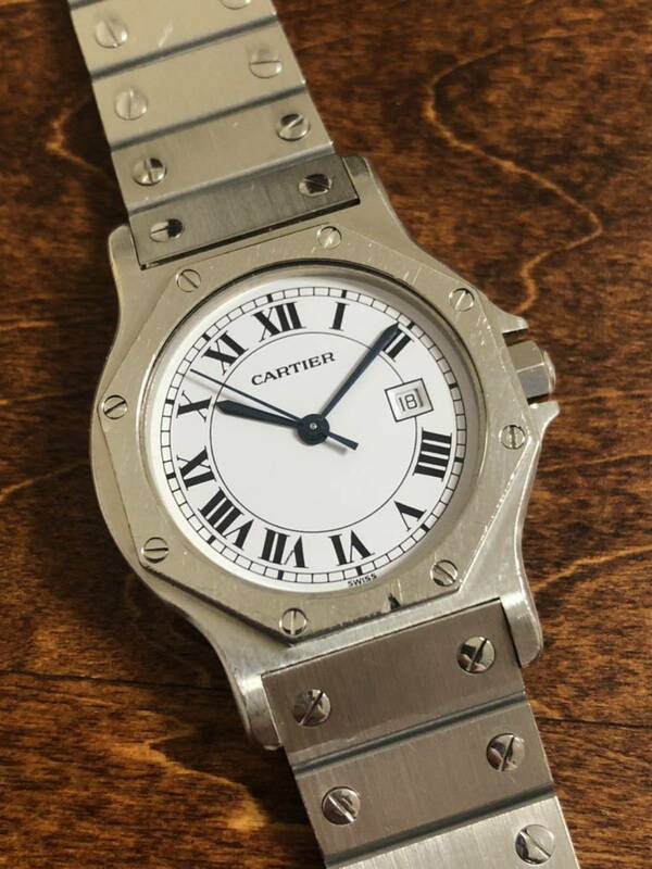 カルティエ サントスオクタゴン LM ホワイトラッカー文字盤 自動巻き メンズ腕時計 Cartier 文字盤割れ無し 現状可動品 ラグスポ デイト