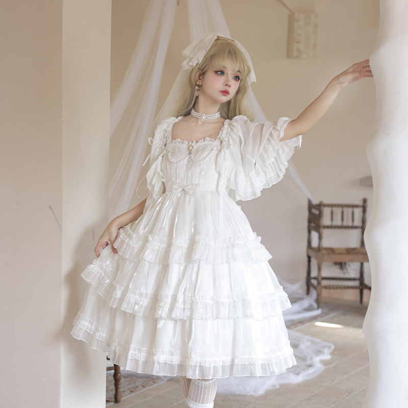 ロリータ Lolita ワンピース ジャンパースカート ジャンスカ ドレス ゆめかわいい 光沢感 上品 リボン フリル ふんわり ゴスロリ 甘ロリ