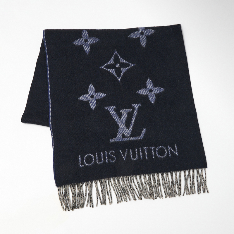 LOUIS VUITTON ルイヴィトン エシャルプ レイキャビック デシン M76702 マフラー カシミヤ100％ ネイビー×ホワイト