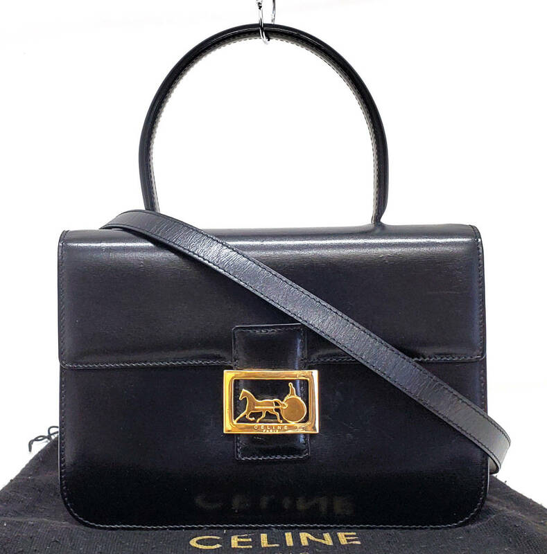 D1726◆ほぼ未使用【CELINE セリーヌ】ヴィンテージ 馬車金具 ホースキャリッジ 2way ハンドバッグ◆ショルダー有 カーフレザー 黒