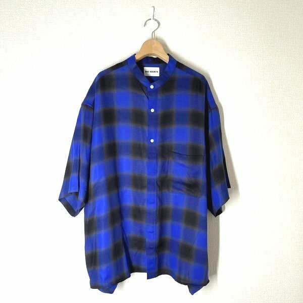 美品 / BiG SHiRTS ビッグシャツ チェック バンドカラー オーバーサイズシャツ L ブルー 青 半袖シャツ