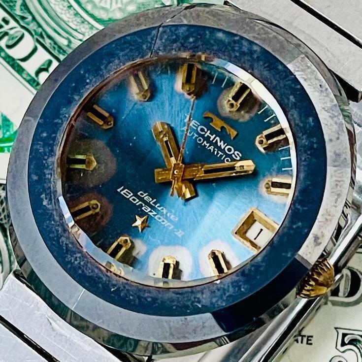 腕時計メンズ動作良好テクノスTECHNOSデラックス ボラゾンⅡ自動巻きラウンド青カットガラス稼働中古ヴィンテージ美品アナログU532