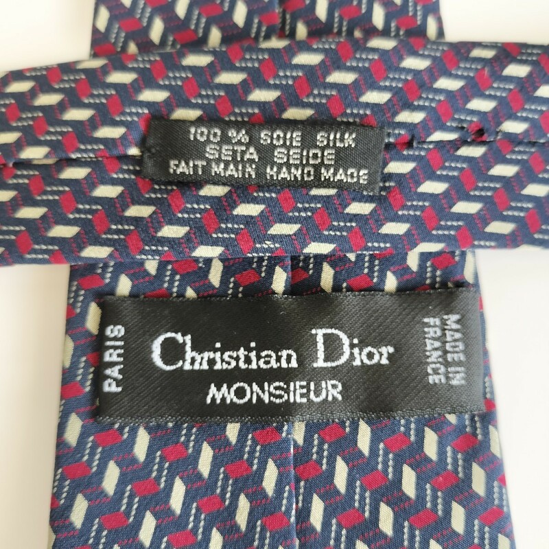 Christian Dior(クリスチャンディオール)紺赤点ストライプワンポイントロゴネクタイ
