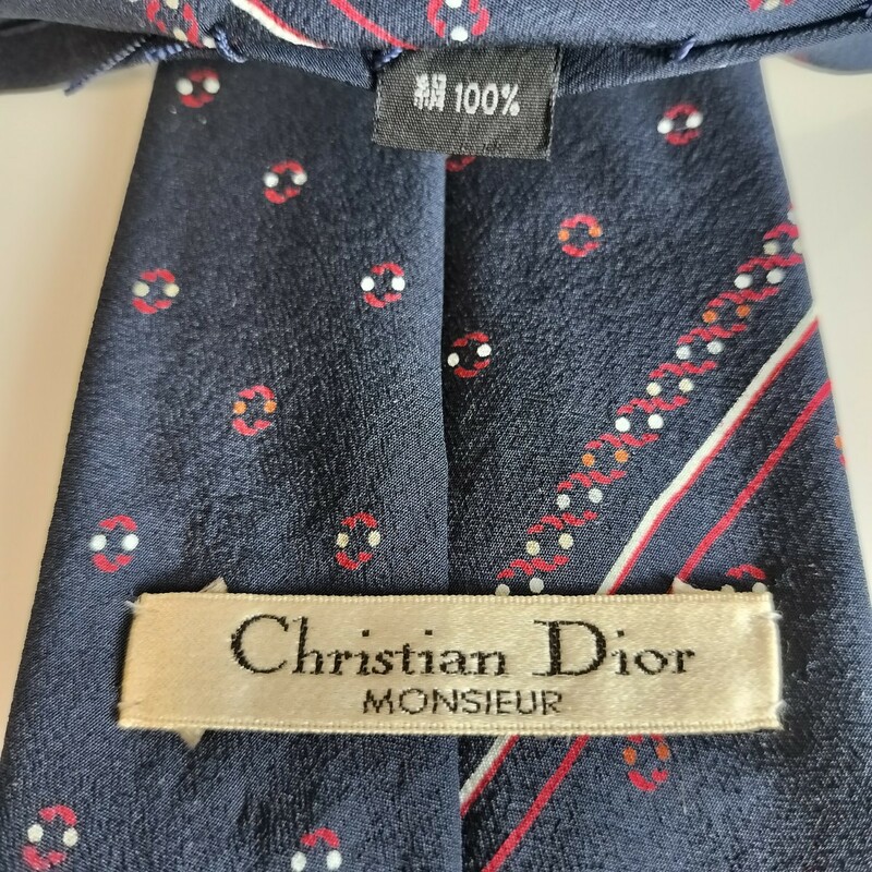 Christian Dior(クリスチャンディオール)紺赤ドットラインネクタイ