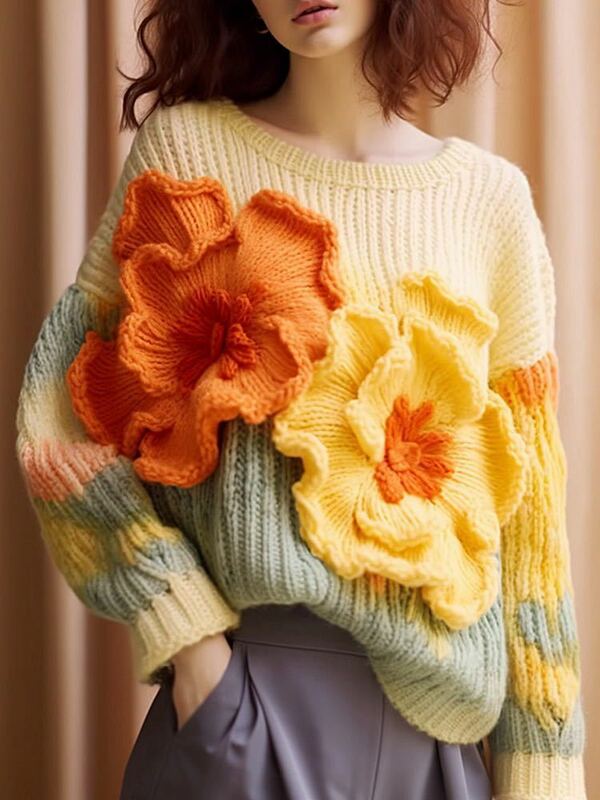レディーストップス　秋冬長袖ニットセーター　ふわふわ柔らかい肌触りいい高品質素敵編み花柄