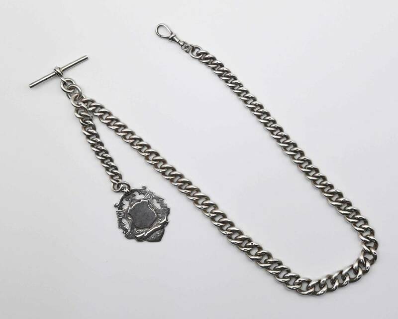 0349　純銀製 極太ウォッチチェーン 懐中時計 鎖　1867-1881年　Tバー、フォブ付き　英国　イギリス　アンティーク