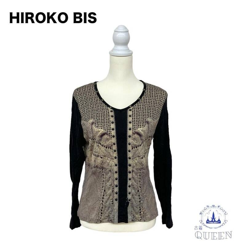 ☆美品☆ HIROKO BIS ヒロコビス トップス カットソー 長袖 Ｖネック ビス 大きいサイズ レディース グレー ブラック 13AB e-2 送料無料