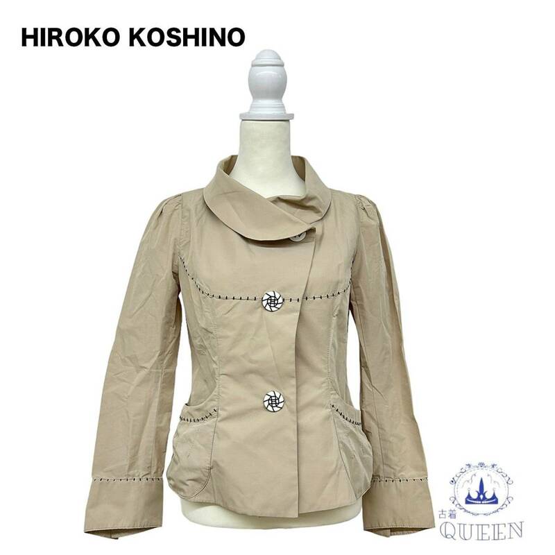 ☆美品☆ HIROKO KOSHINO ヒロココシノ ジャケット アウター シングルボタン ステッチデザイン レディース ベージュ 38 g-7 送料無料 古着