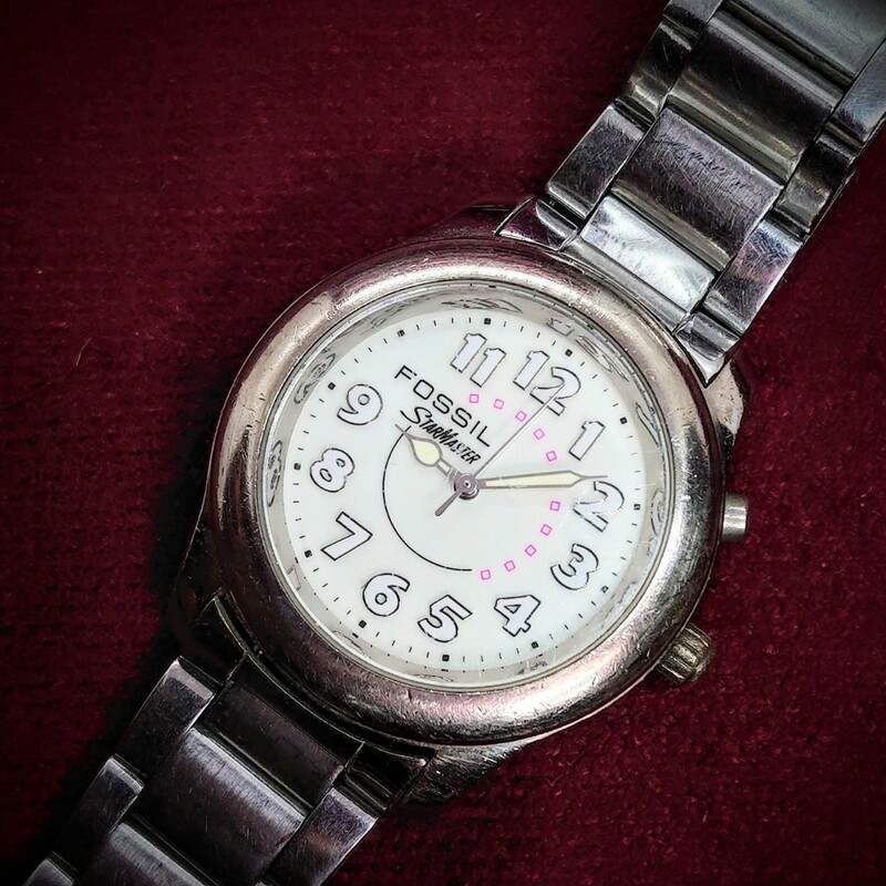 134【動作品】FOSSIL STER MASTER LU-2566 レディース腕時計 フォッシル スターマスター シルバー×白文字盤 アナログウォッチ