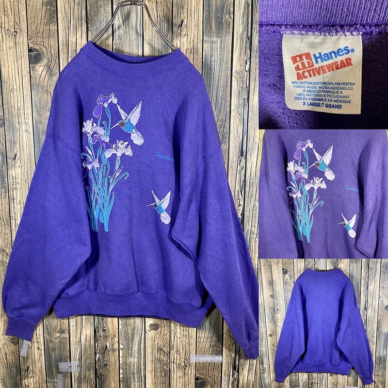 90s USA製 HANES 花柄 ボタニカル 紫 パープル アメリカ輸入/ビンテージ/スウェット/古着/古着卸