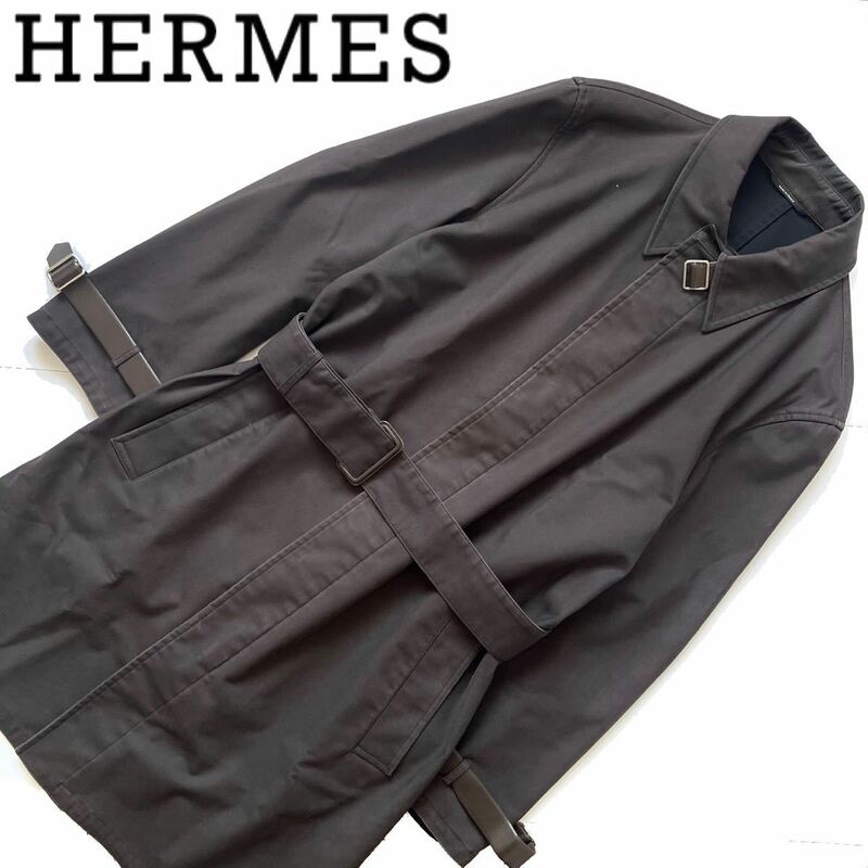 【送料無料】HERMES エルメス　ステンカラーコート レザー　本革　メンズ　ベルト　茶色　ブラウン　ロングコート 52 XL アウター