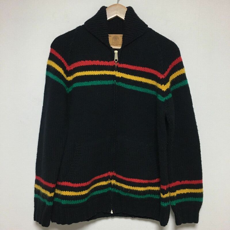 希少！カナダ製 カウチンセーターL位CANADIAN SWEATER COMPANYカナディアンセーターカンパニーピュアウールニットジップ黒ラスタカラー