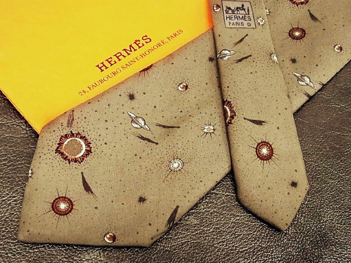 ★並品★4R01594【HERMES】エルメス「宇宙 惑星 土星 星 柄」ネクタイ