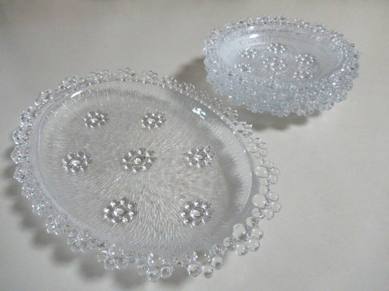 R6 01★アデリアピコット オーバルトレー(楕円皿)1個＆丸皿4個セット　ヴィンテージレトロ　水玉プレスガラス
