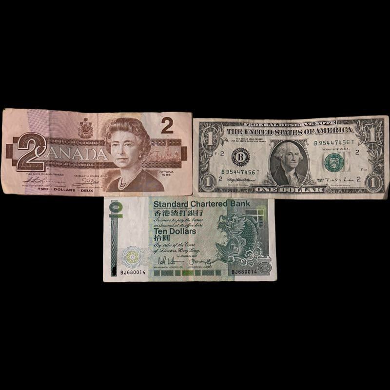 カナダ2ドル紙幣 アメリカ1ドル紙幣 香港渣打行 スタンダードチャータード銀行10ドル紙幣 3枚セット