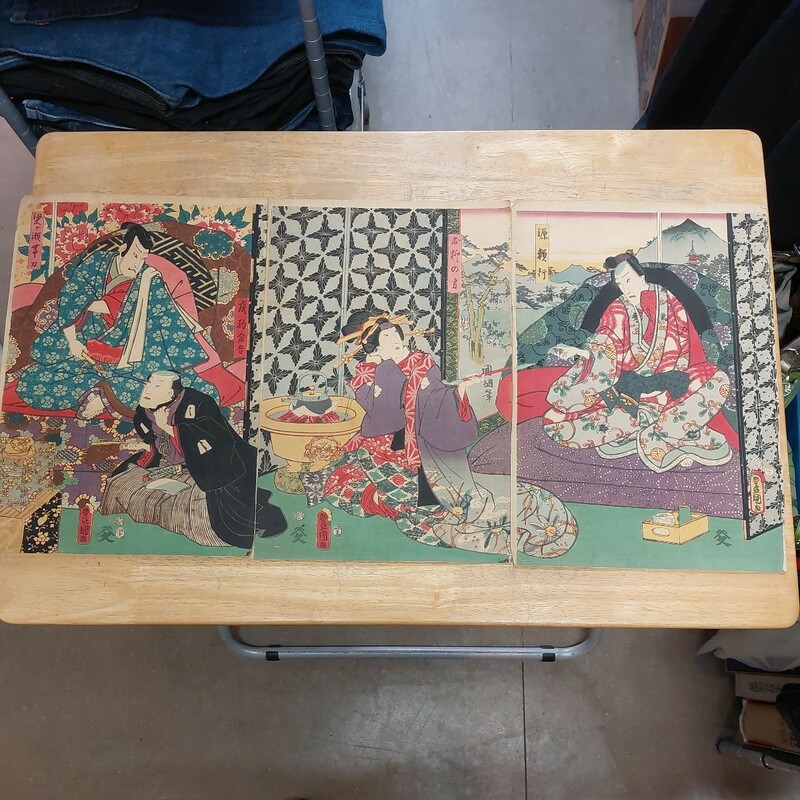 豊国 　浮世絵 　木版画 錦絵 三枚続 古物 傷 汚れあり アンティーク 現状の売り レトロ 歌舞伎 レア物　真作