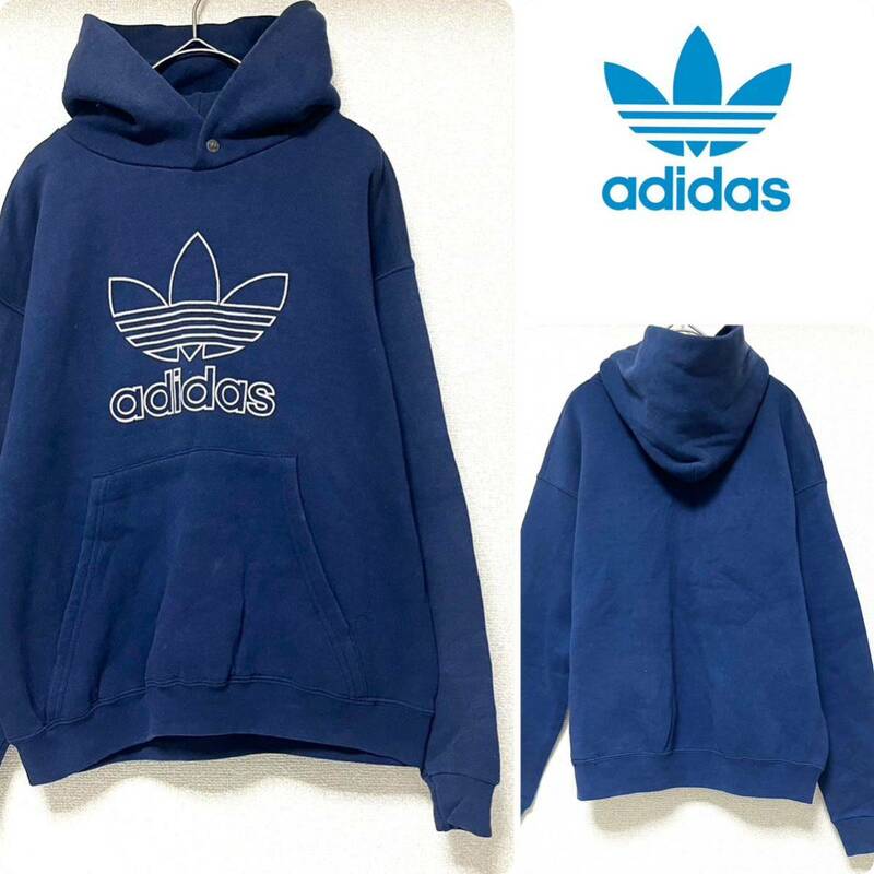 アメリカ製★希少 アディダス スウェットパーカー ネイビー プルオーバー トレフォイル adidas 古着 あいみょん80年代 90年代 ヴィンテージ