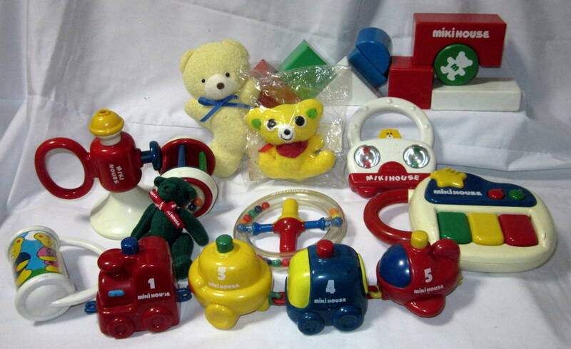 昭和レトロ　ミキハウス　ベビー用　おもちゃ　色々なガラガラ　積み木　未使用のクマさん鈴入り