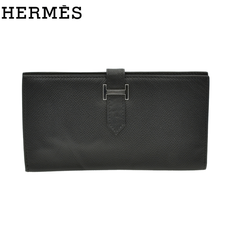 HERMES エルメス ベアン J刻印 S金具 長財布 ブラック×シルバー【A02385】