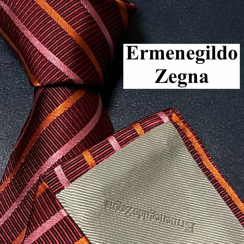 極美品 Ermenegildo Zegna エルメネジルドゼニア ネクタイ 刺繍 ジャガード ツヤ 光沢 ストライプ メンズ ビジネス 通勤 レッド 赤
