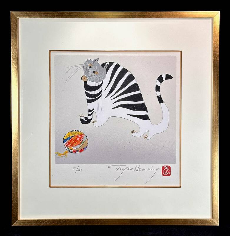【真作】フジコ・ヘミング Fujiko Hemming フジ子ヘミング 「猫十態(クッキー)」 シルクスクリーン 88/200 直筆サイン 絵画 高さ49cm