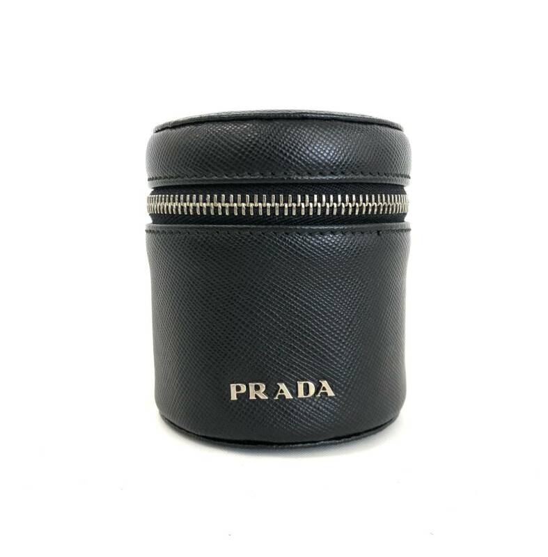 T01/036 PRADA プラダ 筒形 レザー ポーチ 小物入れ シルバー金具 ブラック